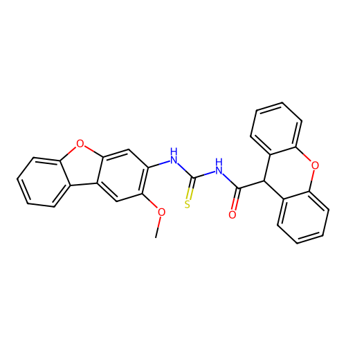 N-((2-methoxydibenzo[b,d]furan-3-yl)carbamothioyl)-9H-xanthene-9-carboxamide structure