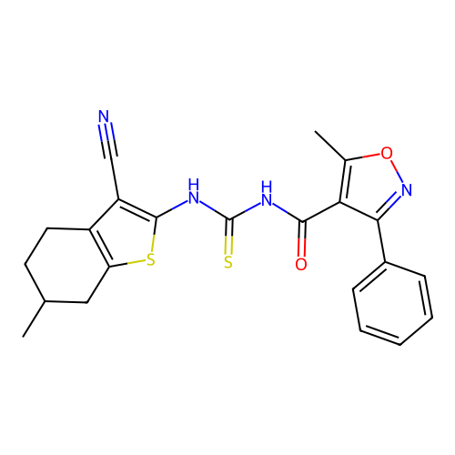 N-[(3-cyano-6-methyl-4,5,6,7-tetrahydro-1-benzothiophen-2-yl)carbamothioyl]-5-methyl-3-phenyl-1,2-oxazole-4-carboxamide structure