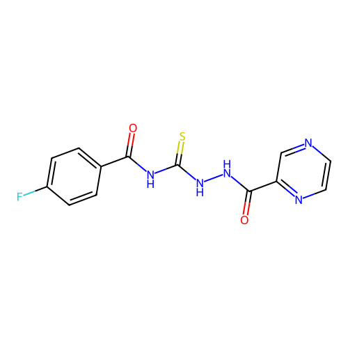 4-fluoro-N-{[2-(2-pyrazinylcarbonyl)hydrazino]carbonothioyl}benzamide structure