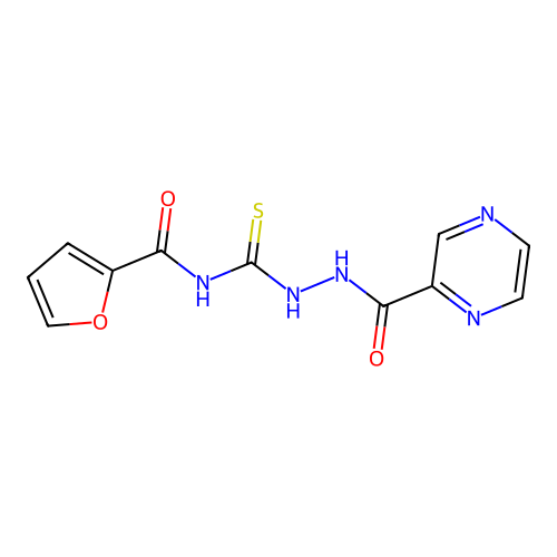 N-{[2-(pyrazin-2-ylcarbonyl)hydrazinyl]carbonothioyl}furan-2-carboxamide structure