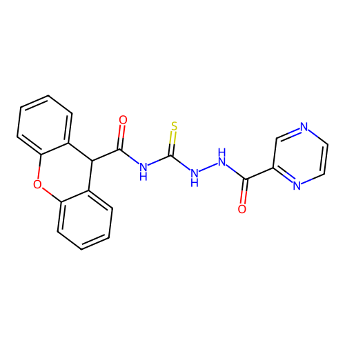 N-{[2-(pyrazin-2-ylcarbonyl)hydrazinyl]carbonothioyl}-9H-xanthene-9-carboxamide structure