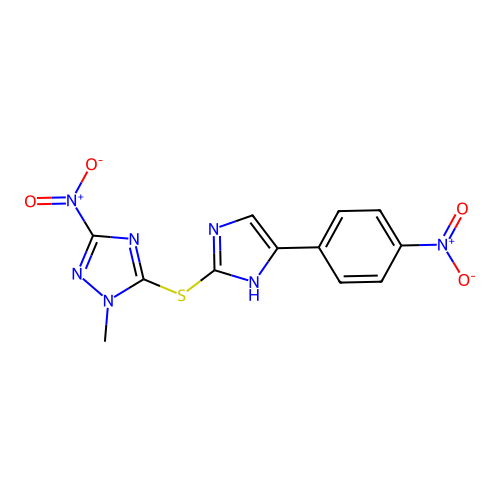 1-methyl-3-nitro-5-((4-(4-nitrophenyl)-1H-imidazol-2-yl)thio)-1H-1,2,4-triazole structure
