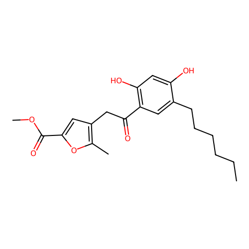 methyl 4-[2-(5-hexyl-2,4-dihydroxyphenyl)-2-oxoethyl]-5-methylfuran-2-carboxylate structure