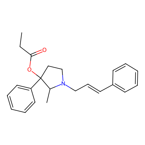 3-Pyrrolidinol, 1-cinnamyl-2-methyl-3-phenyl-, propionate (ester) structure