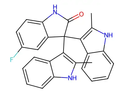 5-fluoro-3,3-bis(2-methyl-1H-indol-3-yl)-1H-indol-2-one structure