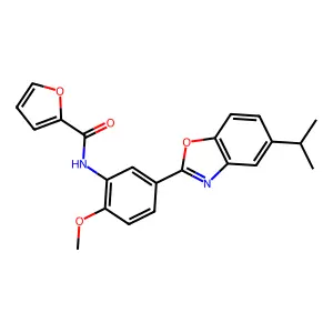 N-[2-methoxy-5-(5-propan-2-yl-1,3-benzoxazol-2-yl)phenyl]furan-2-carboxamide structure
