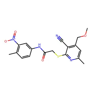 2-[3-cyano-4-(methoxymethyl)-6-methylpyridin-2-yl]sulfanyl-N-(4-methyl-3-nitrophenyl)acetamide structure