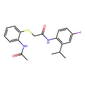 2-(2-acetamidophenyl)sulfanyl-N-(4-iodo-2-propan-2-ylphenyl)acetamide structure