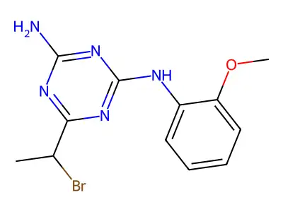 6-(1-bromoethyl)-N-(2-methoxyphenyl)-1,3,5-triazine-2,4-diamine structure