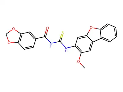 N-[(2-methoxydibenzofuran-3-yl)carbamothioyl]-1,3-benzodioxole-5-carboxamide structure