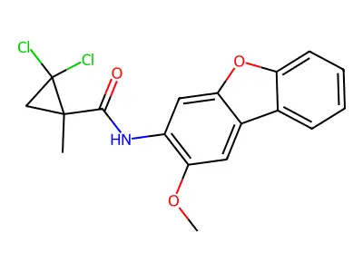 2,2-dichloro-N-(2-methoxydibenzofuran-3-yl)-1-methylcyclopropane-1-carboxamide structure