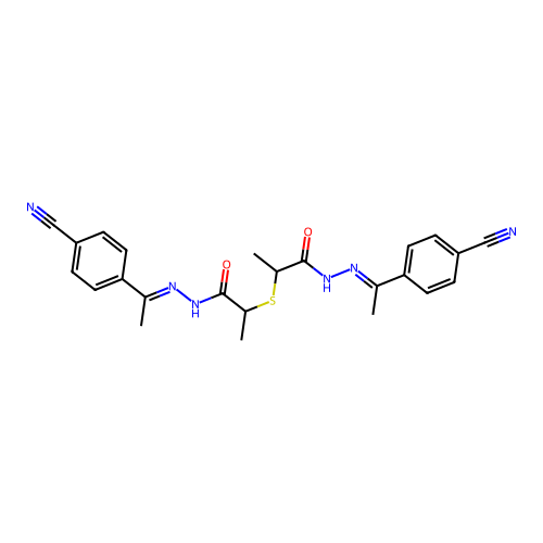 2,2'-Sulfanediylbis{N'-[(1E)-1-(4-cyanophenyl)ethylidene]propanehydrazide} structure