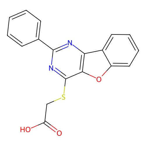 2-[(2-Phenyl-4-benzofuro[3,2-d]pyrimidinyl)thio]acetic acid structure