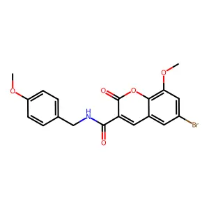6-bromo-8-methoxy-N-[(4-methoxyphenyl)methyl]-2-oxochromene-3-carboxamide structure
