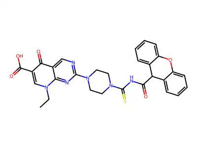 2-(4-((9H-xanthene-9-carbonyl)carbamothioyl)piperazin-1-yl)-8-ethyl-5-oxo-5,8-dihydropyrido[2,3-d]pyrimidine-6-carboxylic acid structure