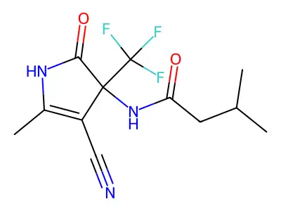 N-[4-cyano-5-methyl-2-oxo-3-(trifluoromethyl)-1H-pyrrol-3-yl]-3-methylbutanamide structure