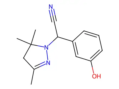 (3-hydroxyphenyl)(3,5,5-trimethyl-4,5-dihydro-1H-pyrazol-1-yl)acetonitrile structure