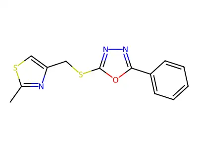 2-(((2-Methylthiazol-4-yl)methyl)thio)-5-phenyl-1,3,4-oxadiazole structure