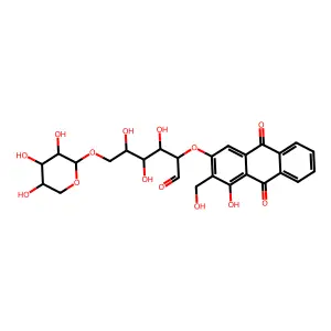 D-Glucose, O-(9,10-dihydro-4-hydroxy-3-(hydroxymethyl)-9,10-dioxo-2-anthracenyl)-6-O-beta-D-xylopyranosyl- structure