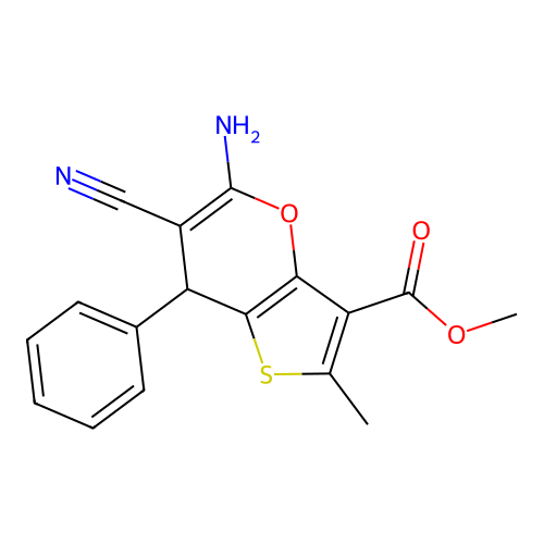 methyl 5-amino-6-cyano-2-methyl-7-phenyl-7H-thieno[3,2-b]pyran-3-carboxylate structure