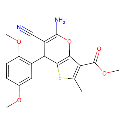 methyl 5-amino-6-cyano-7-(2,5-dimethoxyphenyl)-2-methyl-7H-thieno[3,2-b]pyran-3-carboxylate structure