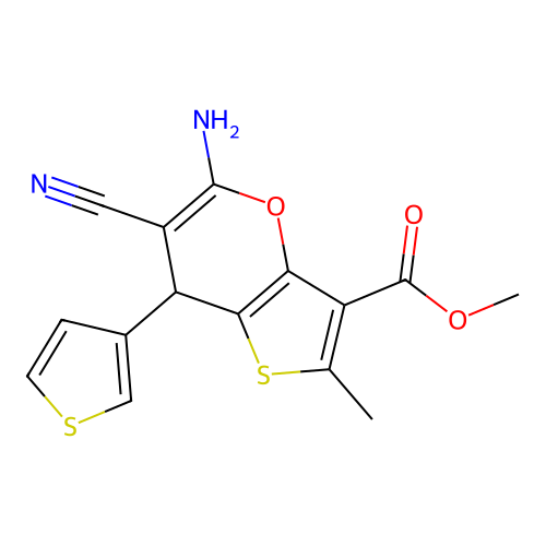 methyl 5-amino-6-cyano-2-methyl-7-(thiophen-3-yl)-7H-thieno[3,2-b]pyran-3-carboxylate structure