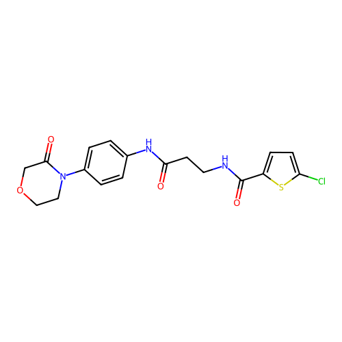 N-(2-(4-(3-oxomorpholino)phenylcarbamoyl)ethyl)-5-chlorothiophene-2-carboxamide structure