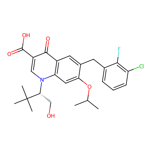 3-Quinolinecarboxylic acid, 6-[(3-chloro-2-fluorophenyl)methyl]-1,4-dihydro-1-[(1S)-1-(hydroxymethyl )-2,2-dimethylpropyl]-7-(1-methylethoxy)-4-oxo- structure