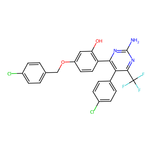 2-[2-amino-5-(4-chlorophenyl)-6-(trifluoromethyl)pyrimidin-4-yl]-5-[(4-chlorop henyl)methoxy]phenol structure