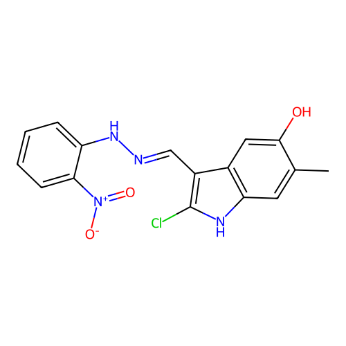 2-chloro-6-methyl-3-[[(2-nitrophenyl)hydrazinylidene]methyl]-1H-indol-5-ol structure