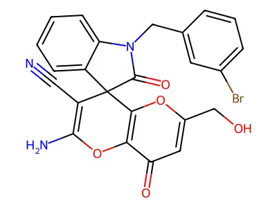 2'-amino-1-[(3-bromophenyl)methyl]-6'-(hydroxymethyl)-2,8'-dioxo-1,2-dihydro-8'H-spiro[indole-3,4'-pyrano[3,2-b]pyran]-3'-carbonitrile structure