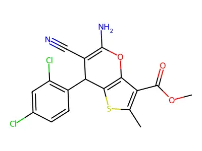methyl 5-amino-6-cyano-7-(2,4-dichlorophenyl)-2-methyl-7H-thieno[3,2-b]pyran-3-carboxylate structure