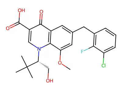 6-[(3-chloro-2-fluoro-phenyl)methyl]-1-[(1S)-1-(hydroxymethyl)-2,2-dimethyl-propyl]-8-methoxy-4-oxo-quinoline-3-carboxylic acid structure