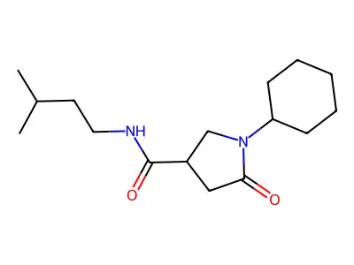 1-cyclohexyl-N-(3-methylbutyl)-5-oxopyrrolidine-3-carboxamide structure