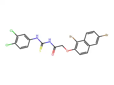 2-(1,6-dibromonaphthalen-2-yl)oxy-N-[(3,4-dichlorophenyl)carbamothioyl]acetamide structure