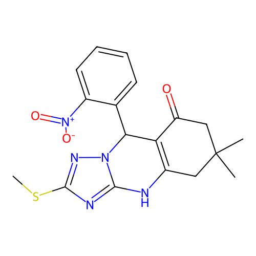 6,6-dimethyl-2-(methylsulfanyl)-9-(2-nitrophenyl)-5,6,7,9-tetrahydro[1,2,4]triazolo[5,1-b]quinazolin-8(4H)-one structure