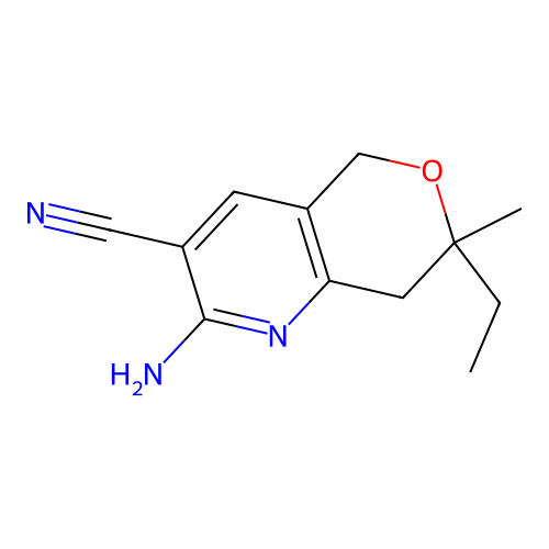 2-amino-7-ethyl-7-methyl-7,8-dihydro-5H-pyrano[4,3-b]pyridine-3-carbonitrile structure