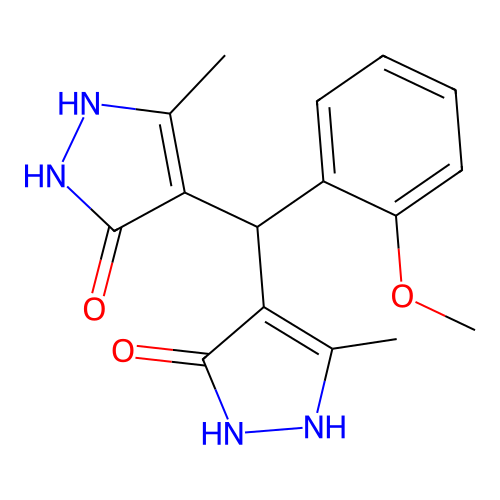 4,4'-[(2-methoxyphenyl)methanediyl]bis(3-methyl-1H-pyrazol-5-ol) structure
