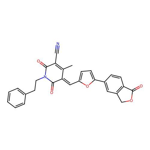 (5E)-4-methyl-2,6-dioxo-5-[[5-(1-oxo-3H-2-benzofuran-5-yl)furan-2-yl]methylidene]-1-phenethylpyridine-3-carbonitrile structure