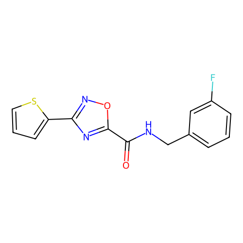 N-(3-fluorobenzyl)-3-(thiophen-2-yl)-1,2,4-oxadiazole-5-carboxamide structure