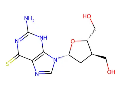 6-thioguanine-alpha-2,3-dideoxy-3-(hydroxymethyl)-D-erythro-pentafuranose structure
