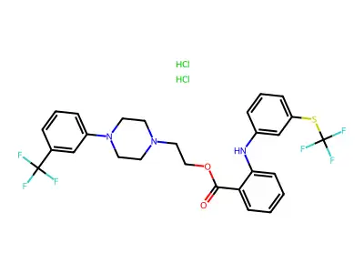 Benzoic acid, 2-((3-((trifluoromethyl)thio)phenyl)amino)-, 2-(4-(3-(trifluoromethyl)phenyl)-1-piperazinyl)ethyl ester, dihydrochloride structure