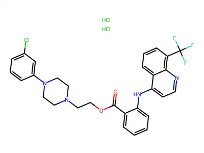 Benzoic acid, 2-((8-(trifluoromethyl)-4-quinolinyl)amino)-, 2-(4-(3-chlorophenyl)-1-piperazinyl)ethyl ester, dihydrochloride structure