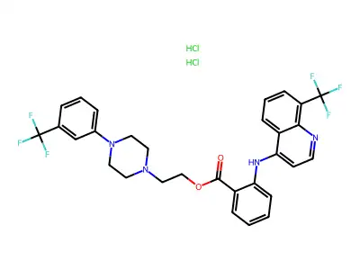 Benzoic acid, 2-((8-(trifluoromethyl)-4-quinolinyl)amino)-, 2-(4-(3-(trifluoromethyl)phenyl)-1-piperazinyl)ethyl ester, dihydrochloride structure