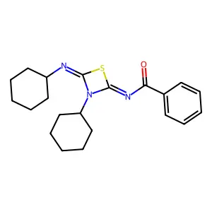 N-(3-cyclohexyl-4-cyclohexylimino-1,3-thiazetidin-2-ylidene)benzamide structure