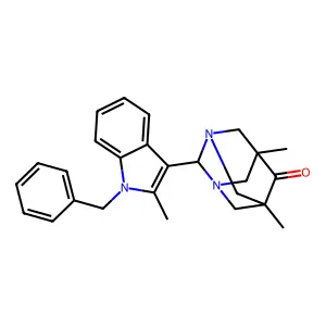 2-(1-benzyl-2-methyl-1H-indol-3-yl)-5,7-dimethyl-1,3-diazatricyclo[3.3.1.1~3,7~]decan-6-one structure