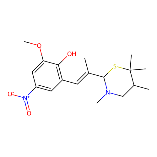 2-methoxy-4-nitro-6-[(E)-2-(3,5,6,6-tetramethyl-1,3-thiazinan-2-yl)prop-1-enyl]phenol structure