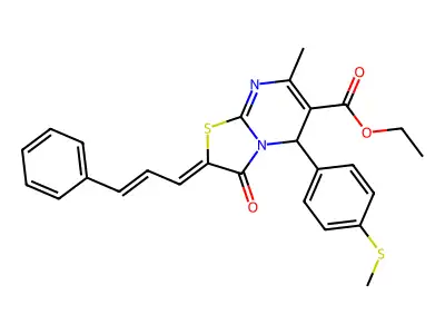 ethyl 2-cinnamylidene-7-methyl-5-(4-methylsulfanylphenyl)-3-oxo-5H-[1,3]thiazolo[3,2-a]pyrimidine-6-carboxylate structure