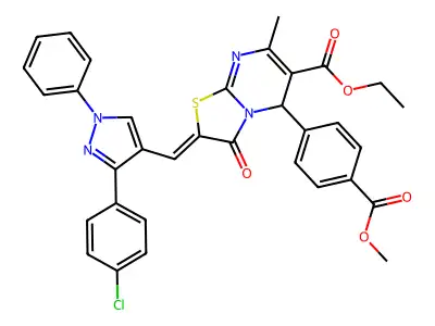 ethyl 2-[[3-(4-chlorophenyl)-1-phenylpyrazol-4-yl]methylidene]-5-(4-methoxycarbonylphenyl)-7-methyl-3-oxo-5H-[1,3]thiazolo[3,2-a]pyrimidine-6-carboxylate structure