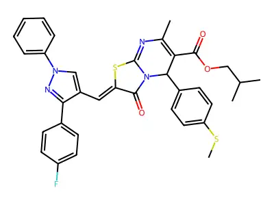 2-Methylpropyl 2-{[3-(4-fluorophenyl)-1-phenyl-1H-pyrazol-4-yl]methylidene}-7-methyl-5-[4-(methylsulfanyl)phenyl]-3-oxo-2,3-dihydro-5H-[1,3]thiazolo[3,2-a]pyrimidine-6-carboxylate structure